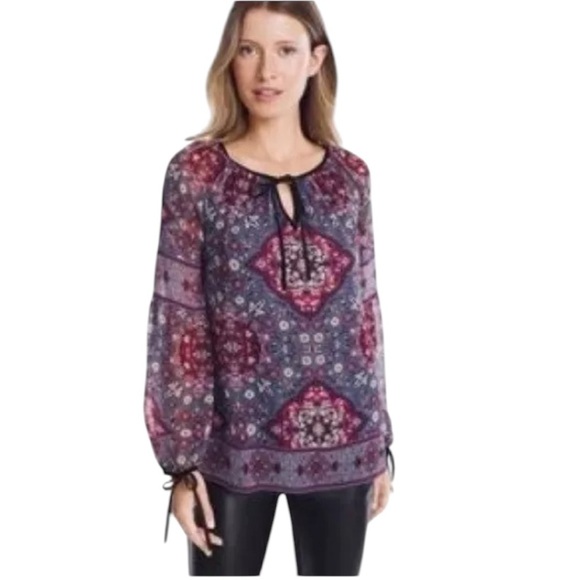 White House Black Market boho mosaic print long sleeve chiffon top size 10 - Picture 6 of 11